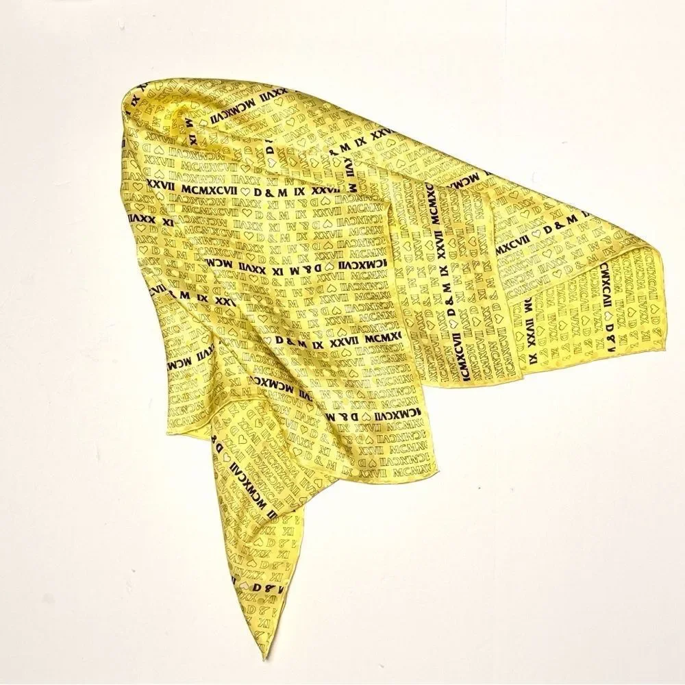 Yellow Silk Satin Scarf Roman Numerals and Initials Print Hand Rolled 34x34